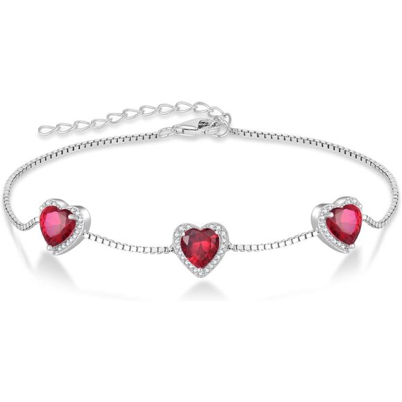 Love Heart Sterling Silver Ruby Birthstone Link Bracelet for Women - Picture 1 of 6